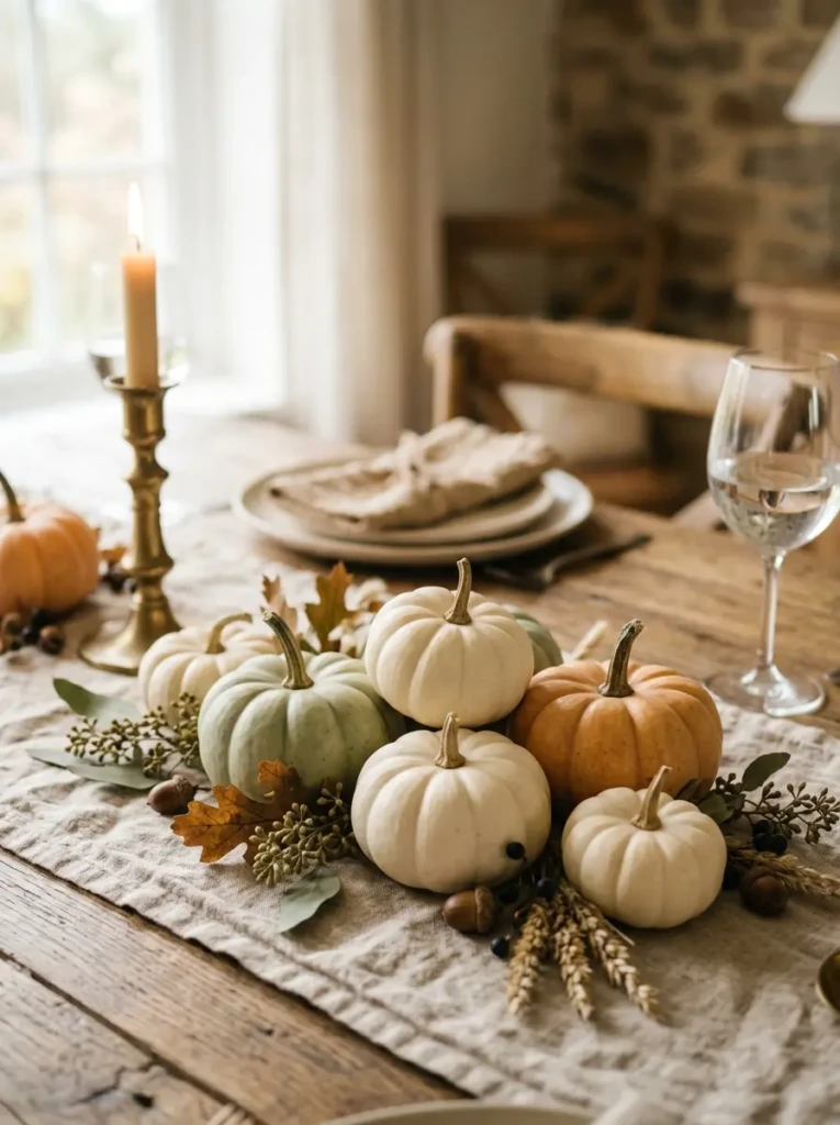 Small clusters of white, green, and muted orange pumpkins arranged on a linen runner for a simple and elegant autumn table look.