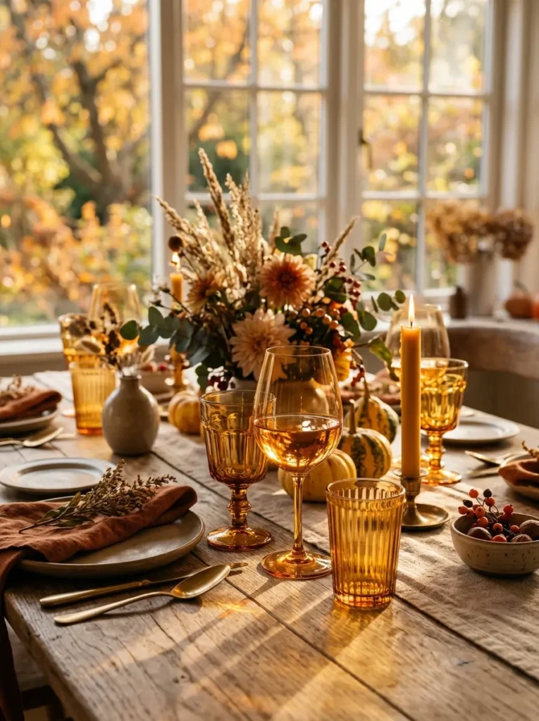 Tinted amber and vintage-style glassware catching warm sunlight on a rustic autumn table, adding soft glow and elegance.