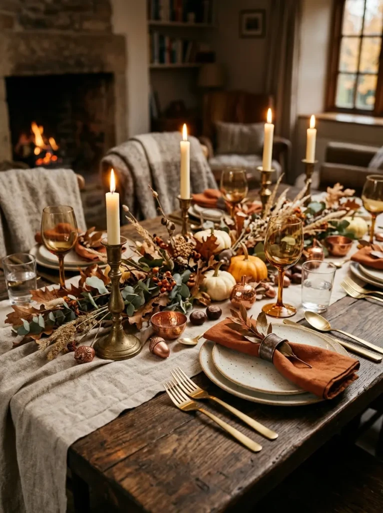 A cozy autumn table styled with brushed gold cutlery and antique brass candle holders paired with natural textures.