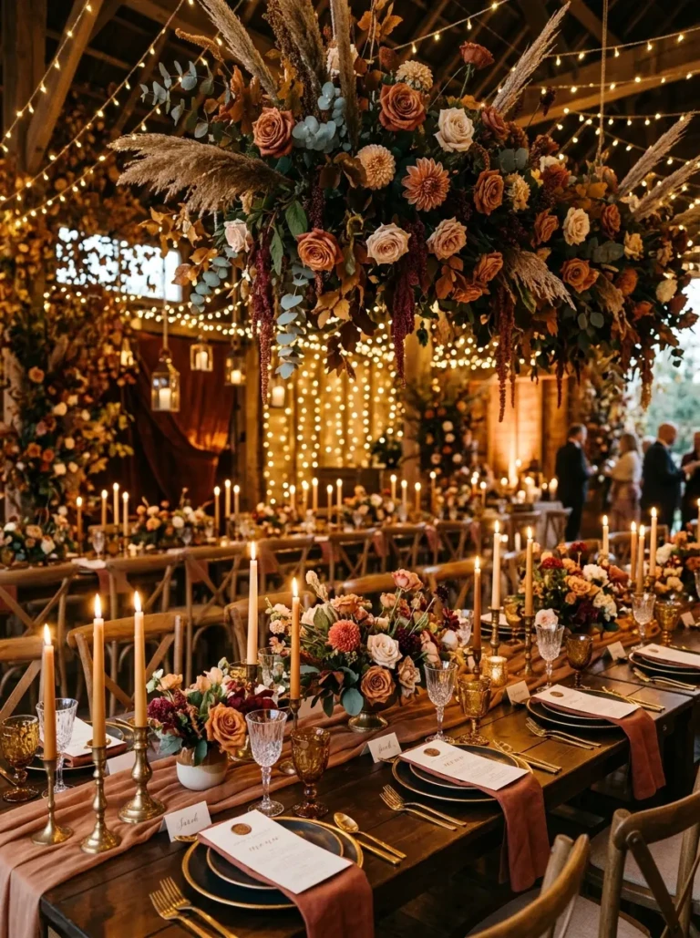 Beautifully styled October wedding decor with coordinated flowers, candles, and warm inviting tones