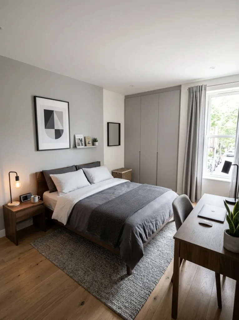 A simple and stylish bachelor bedroom with neutral tones, clutter-free surfaces, and functional furniture layout