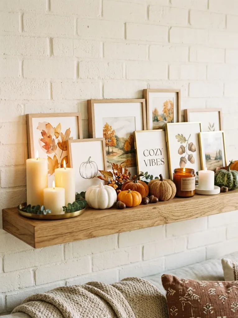 Small art prints layered behind candles and pumpkins on a balanced personalized autumn shelf.