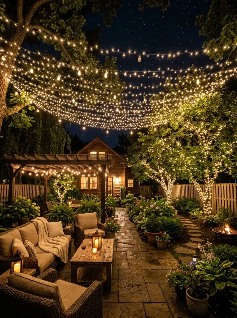 Warm white fairy lights hanging overhead in a backyard creating a magical starry canopy effect