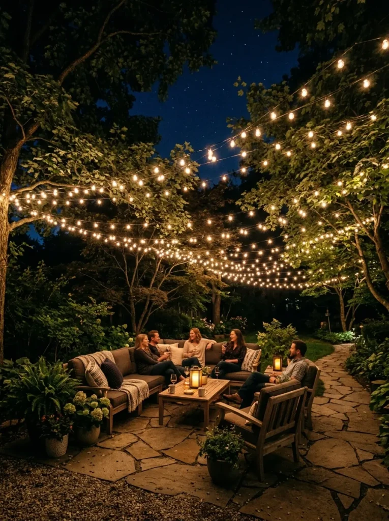 Outdoor space with string lights hanging overhead forming a glowing canopy in a festive backyard