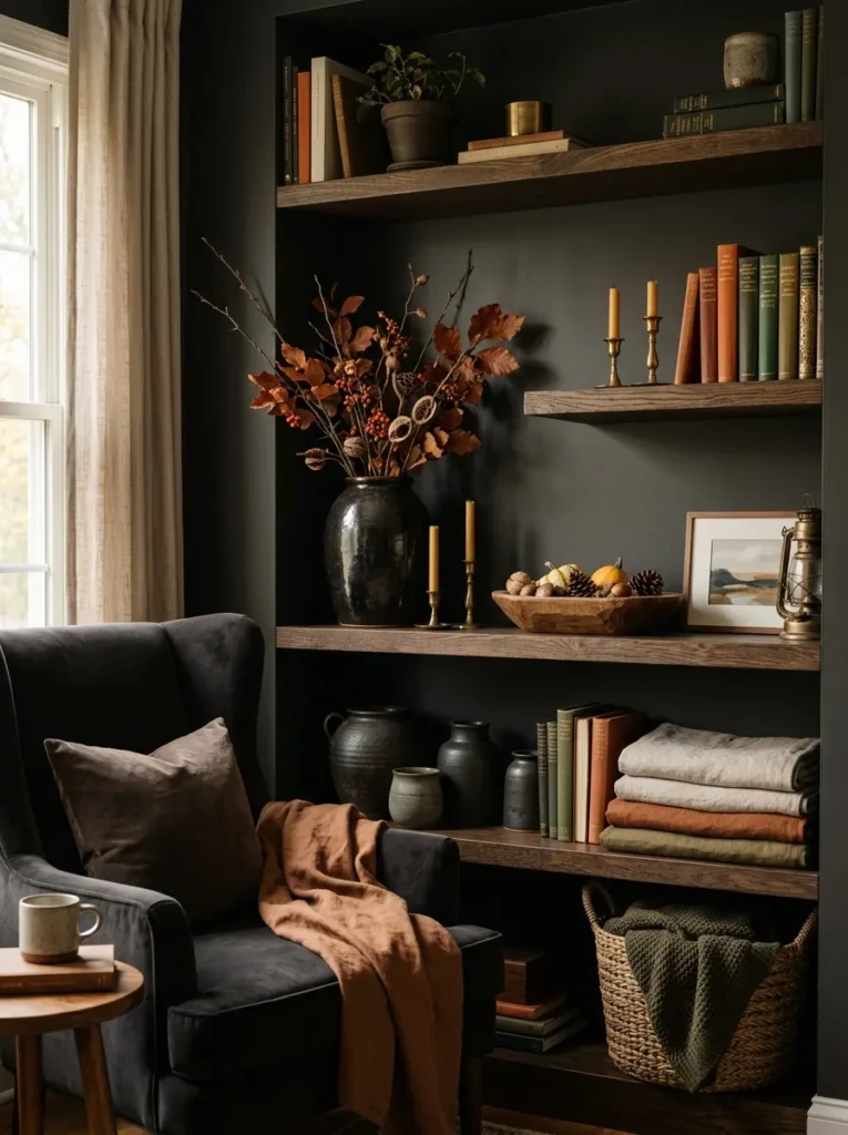 Dark fall decorative objects paired with soft linen accents on a warm cocooning shelf display.