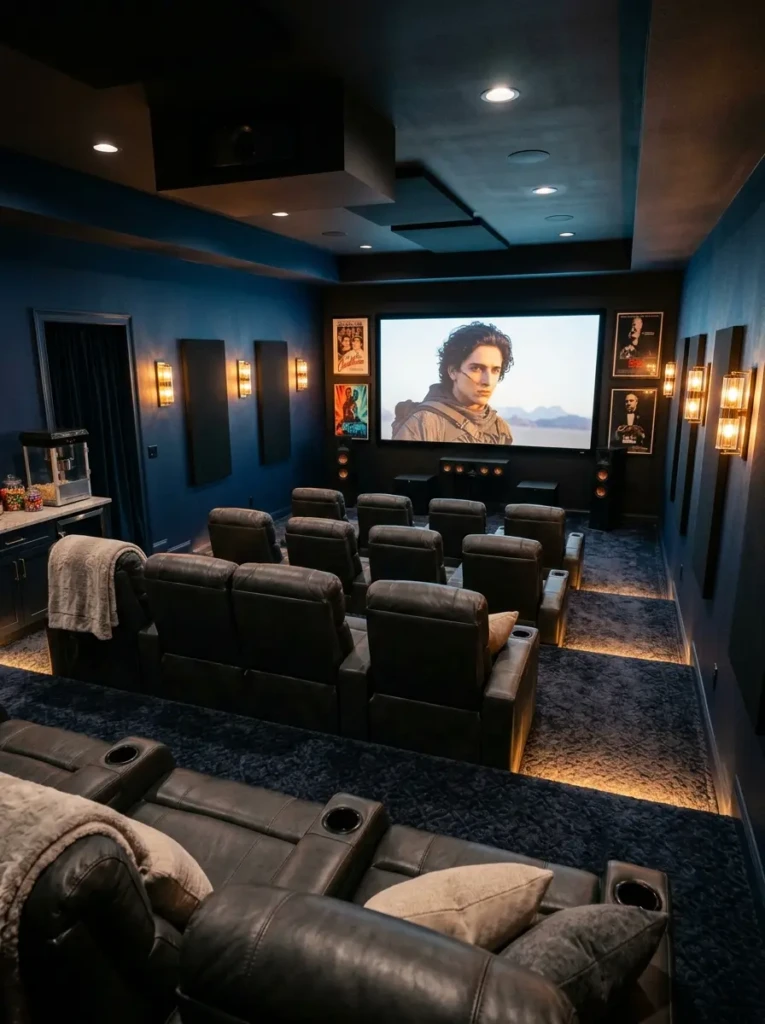 Finished basement movie theater room with tiered seating, plush carpet, wall sconces, and dramatic dark interiors.