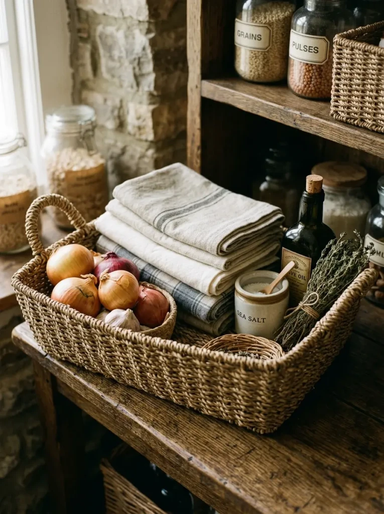 A close-up of woven basket storage holding onions, linens, and pantry items in a charming farmhouse kitchen.