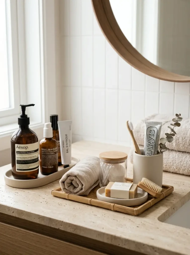 Close-up of neatly arranged bathroom accessories in a neutral color palette.