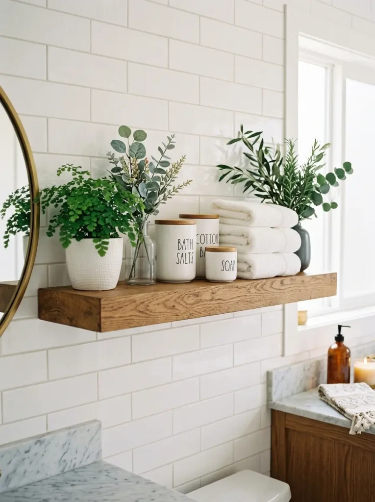 Floating bathroom shelf decorated with a fern plant, jars, and folded towels.