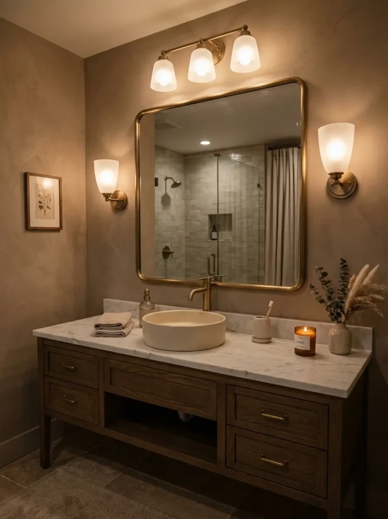 Frosted sconces placed beside a bathroom mirror provide warm flattering light in a neutral space.