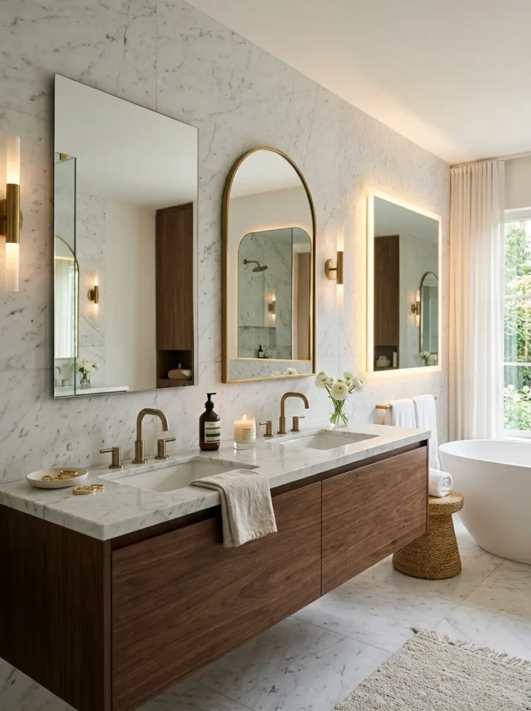 Different bathroom mirror styles including frameless, arched, and backlit mirrors creating a soft glow