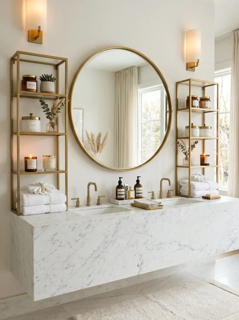 Matching bathroom shelves on both sides of a mirror with balanced decor.