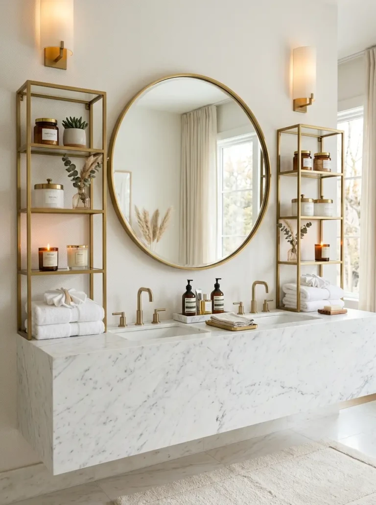 Matching bathroom shelves on both sides of a mirror with balanced decor.