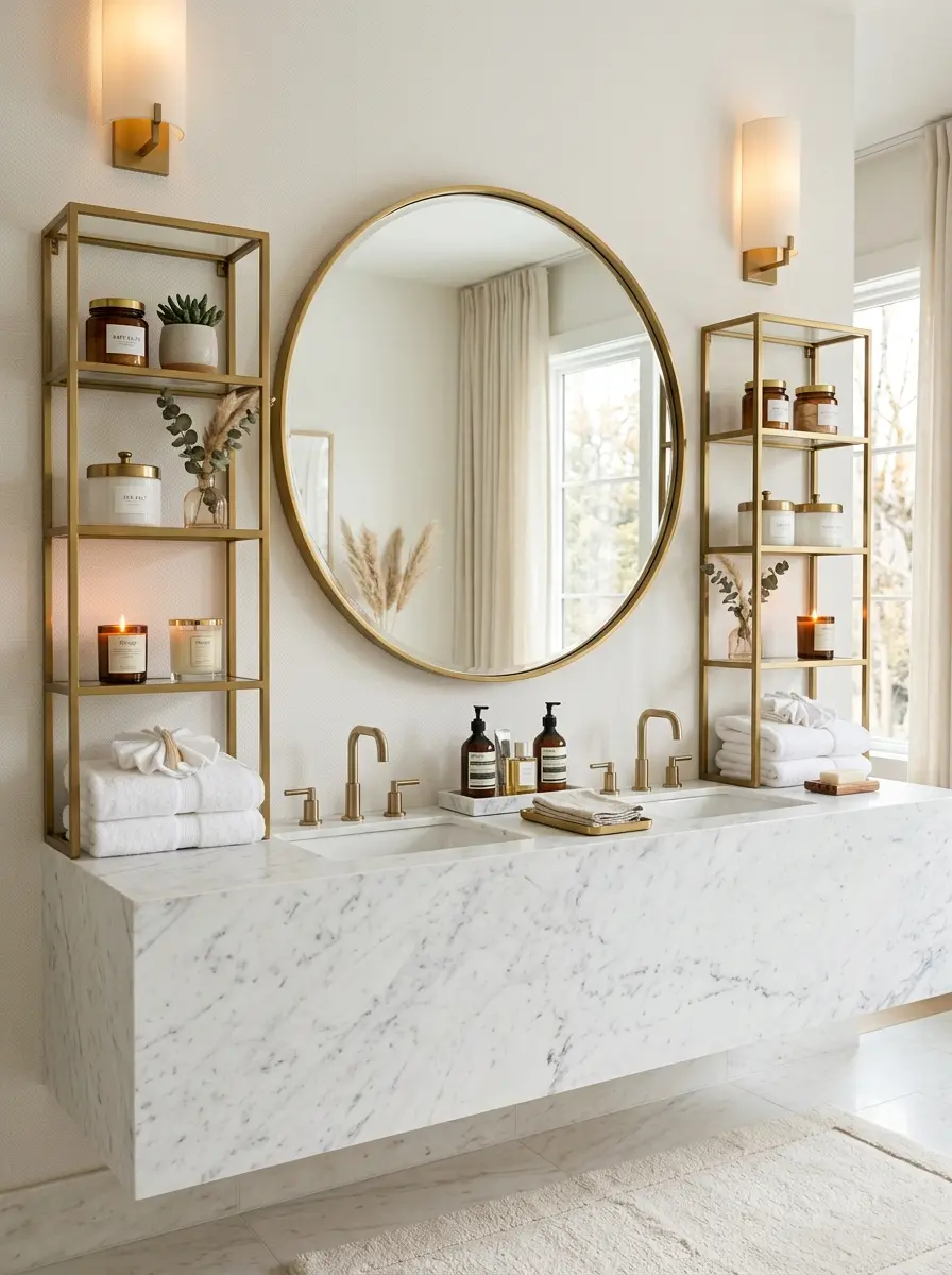 Matching bathroom shelves on both sides of a mirror with balanced decor.