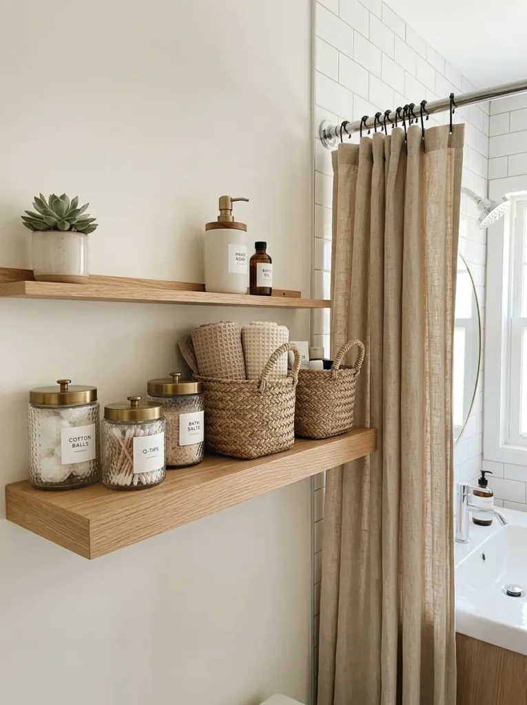Bathroom shelves styled in colors that coordinate with a beige shower curtain.