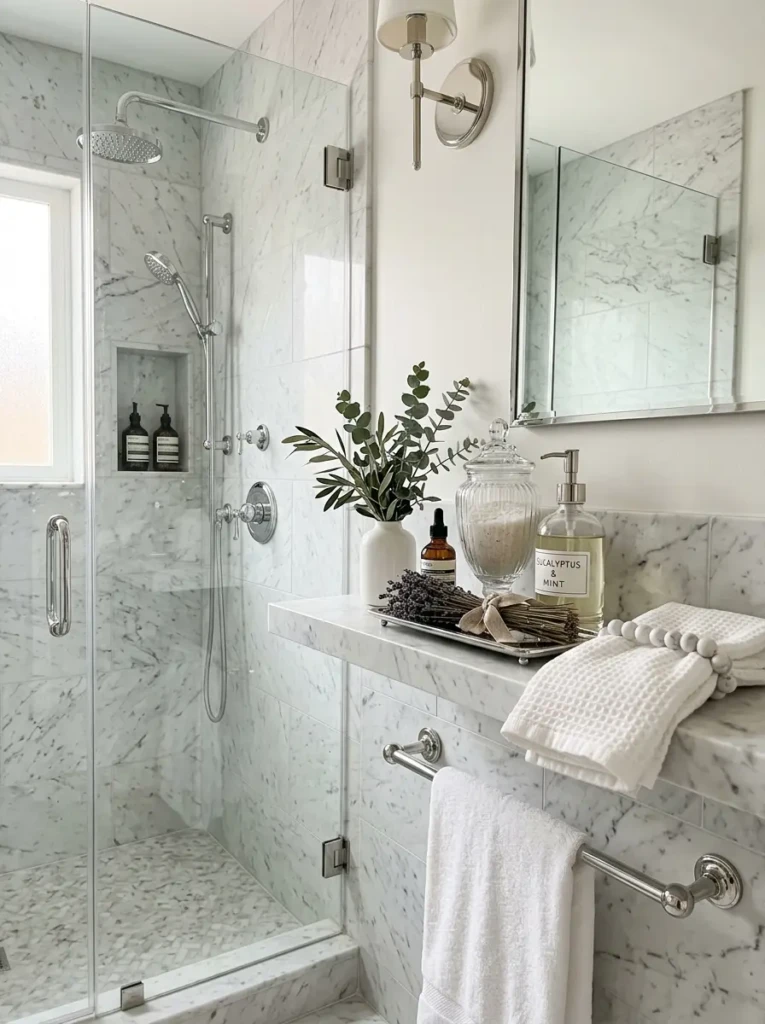Shelf decor coordinated with marble shower tiles and chrome bathroom accessories.
