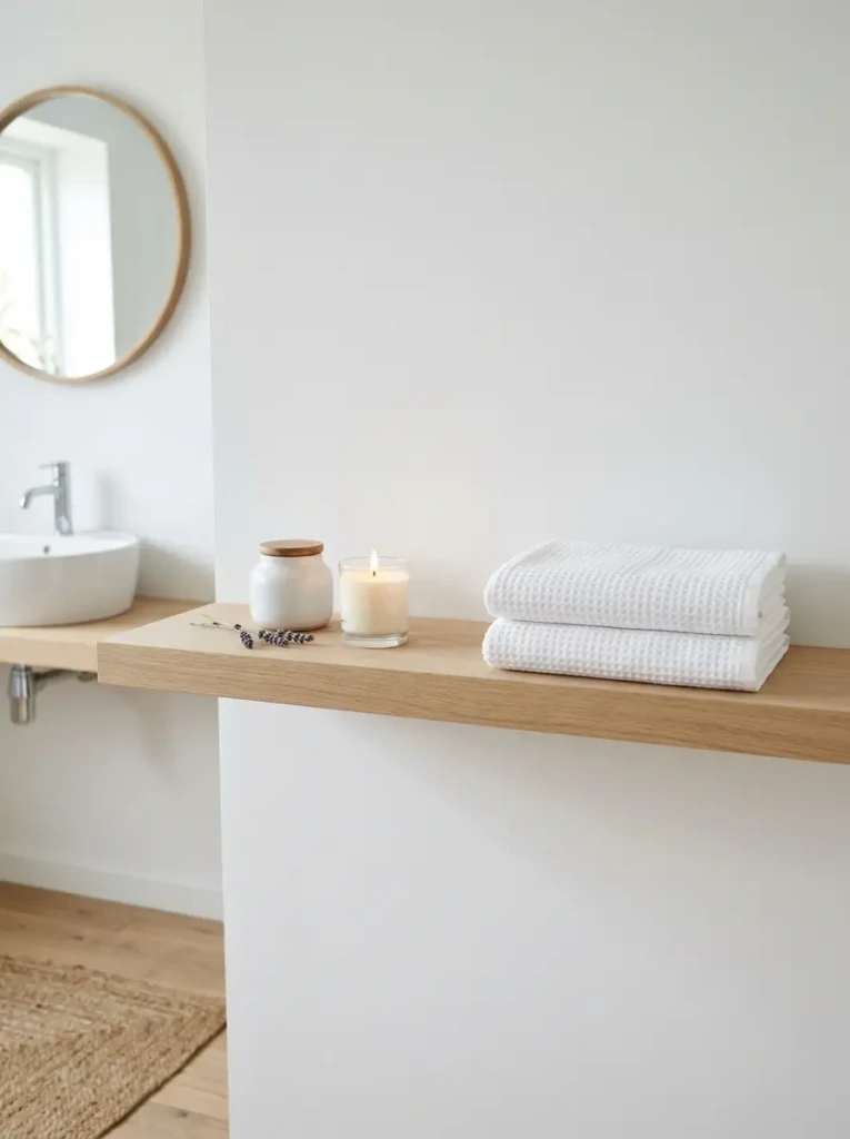 Clean white bathroom shelf with candle, ceramic jar, folded towels, and open negative space.