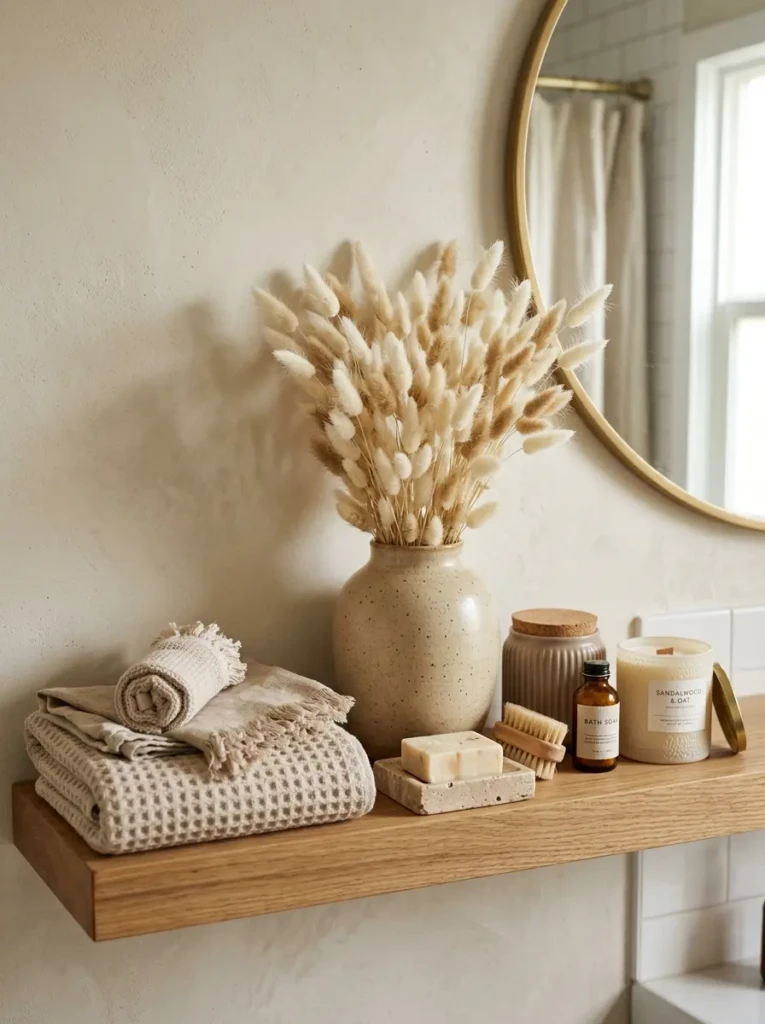 Neutral bathroom shelves featuring taupe linens, ceramic vase, and dried bunny tails.