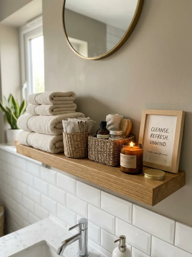Bathroom floating shelf with folded towels, neutral baskets, candle, and framed quote.
