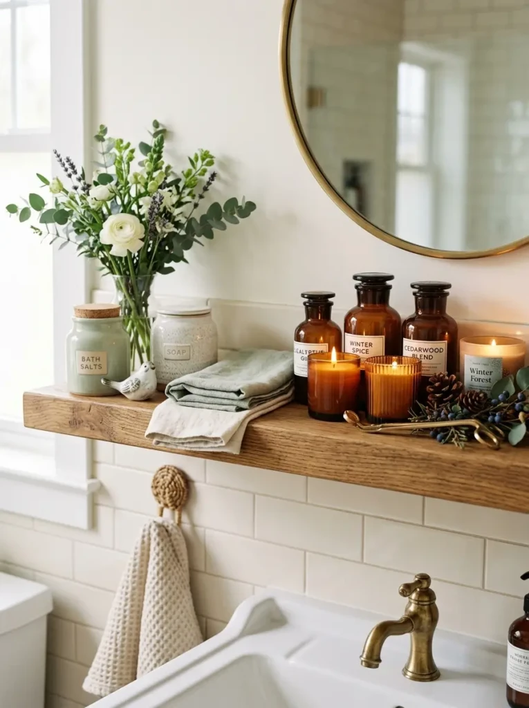 Bathroom shelf refreshed with seasonal greenery, candles, and decorative jars.
