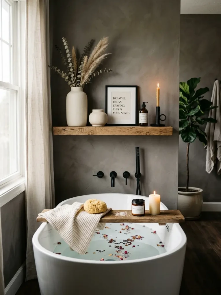 A neutral-toned bathroom shelf with books, cream ceramics, black accents, and framed quote art.
