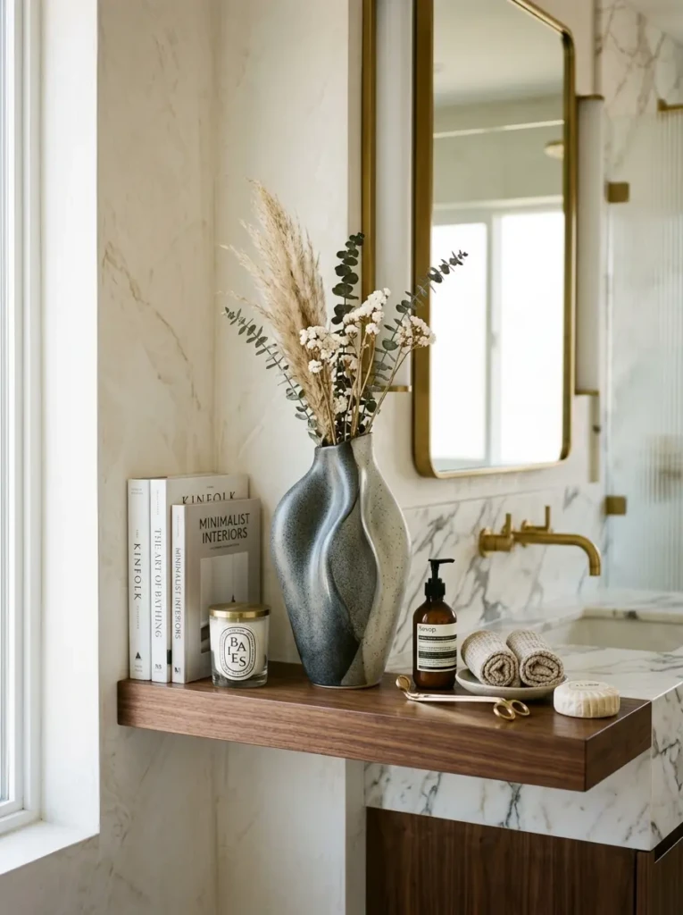 Stylish bathroom shelf centered around a sculptural vase focal point.