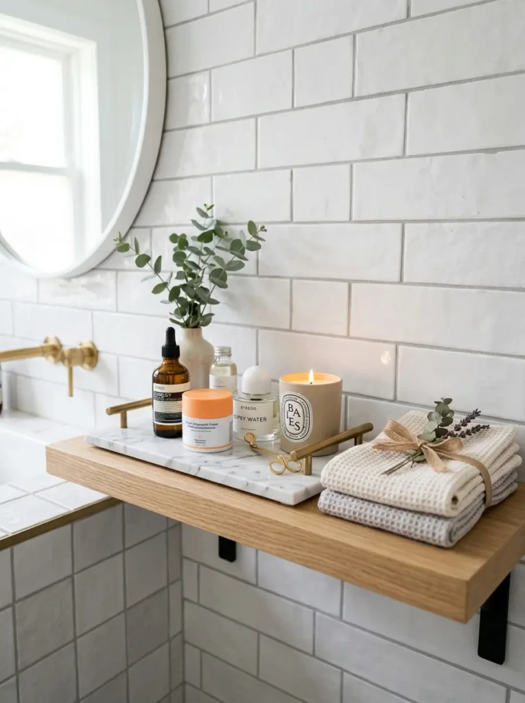Decorative tray on bathroom shelf holding perfume, skincare, candle, and towels.