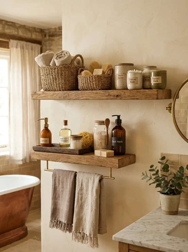 Bathroom shelf featuring woven baskets, ceramic jars, wood tray, and linen towels.