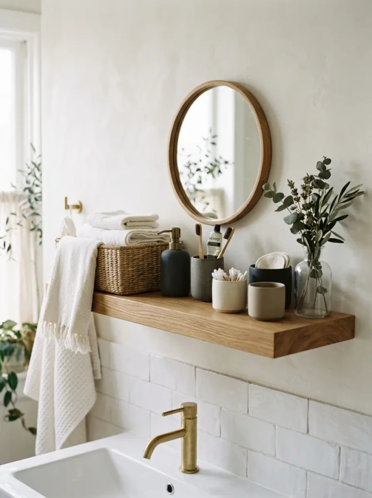 A minimalist bathroom shelf with woven baskets, matte ceramics, and soft white linens.