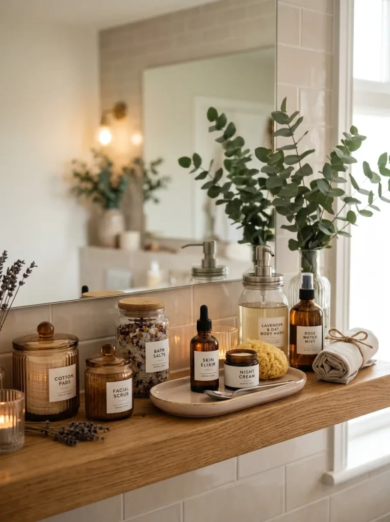 A softly lit bathroom shelf with mirrors, glass jars, and glossy ceramic trays.