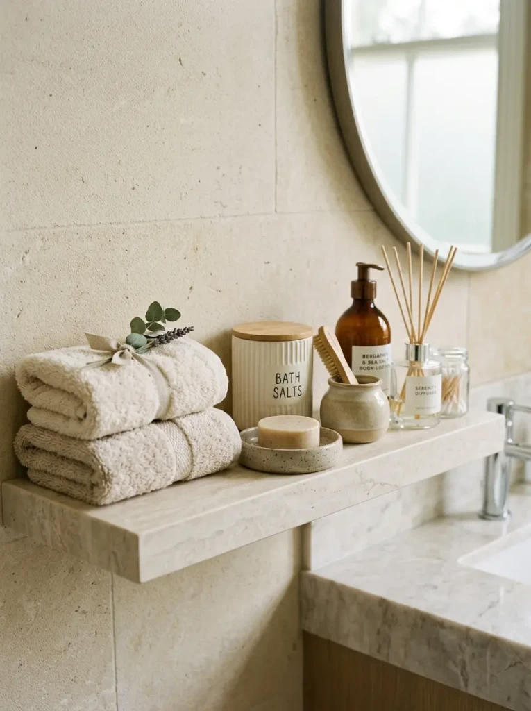 Elegant bathroom shelf styled with fluffy towels, pale stone tones, and moisture-safe decor.