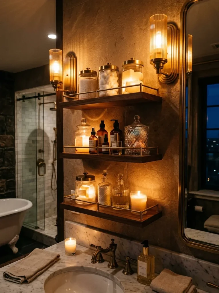 Bathroom shelves illuminated by warm vanity lighting with glowing glass jars.