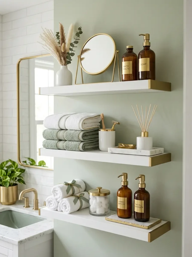 Bathroom shelf decor using repeated white, sage green, and gold accents.