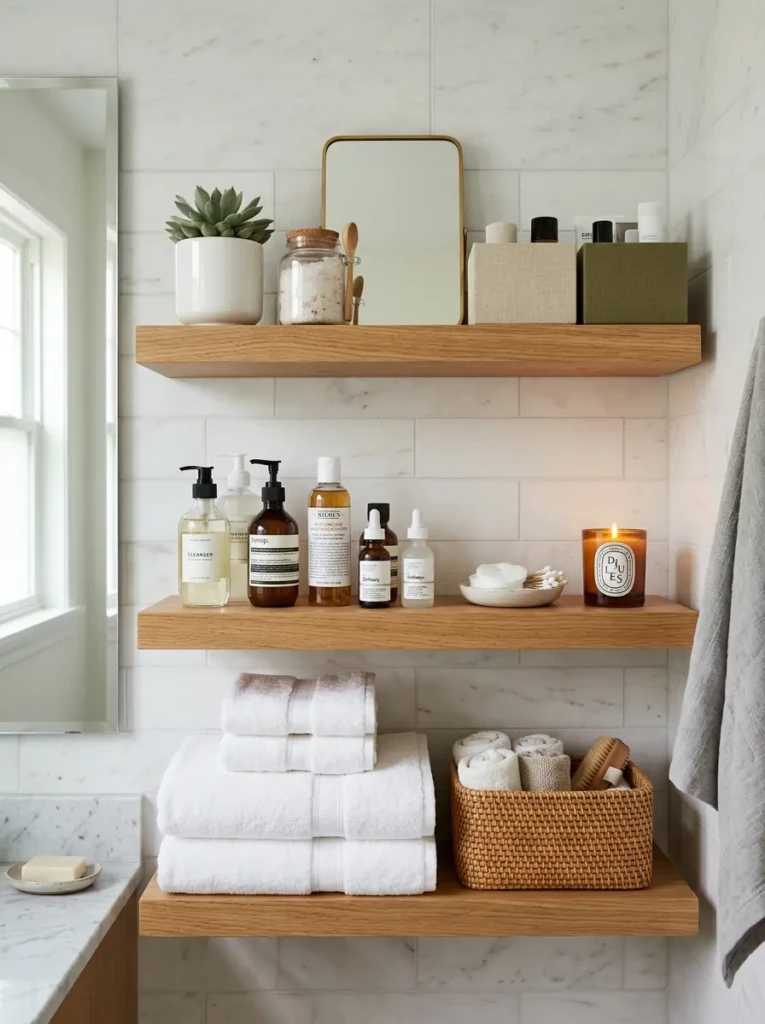 Bathroom shelves neatly arranged with skincare products, towels, and decorative boxes.