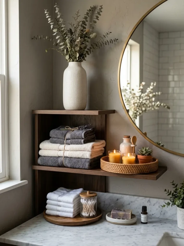 Bathroom shelf arrangement showing tall vase, folded towels, and candles in balanced height layers.