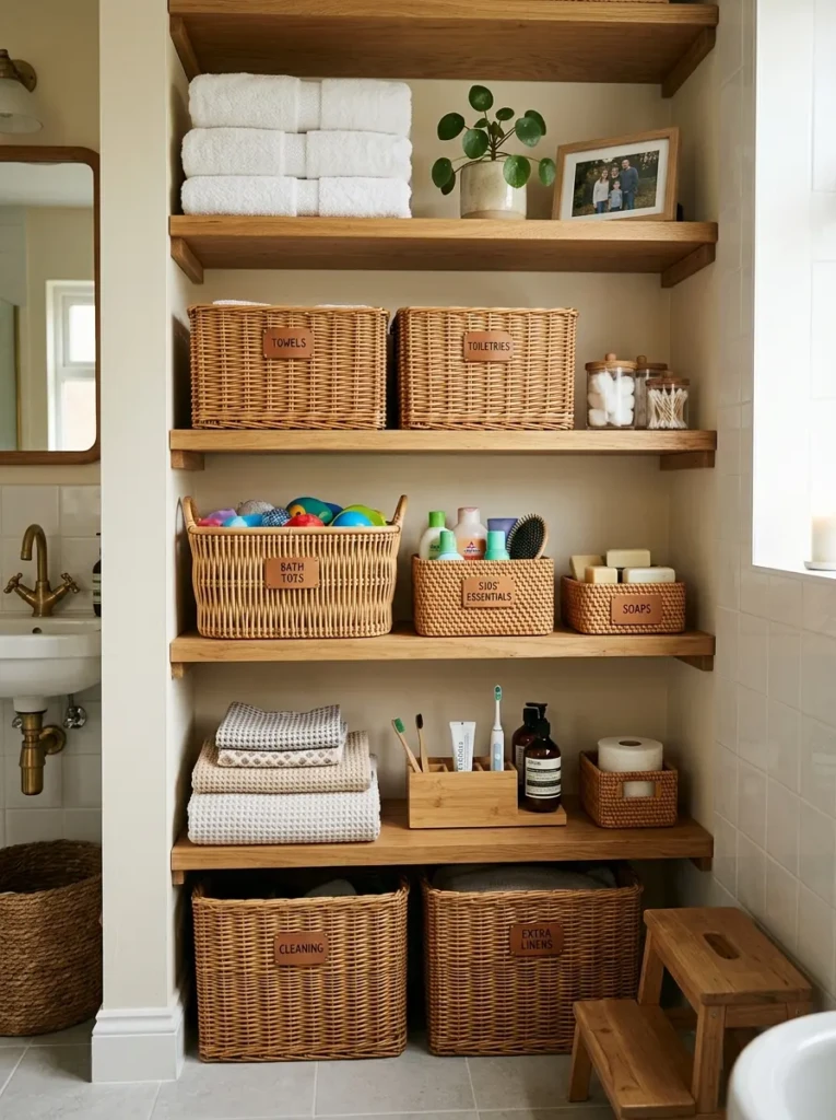 Bathroom floating shelves styled with wicker and rattan baskets for cozy practical storage.