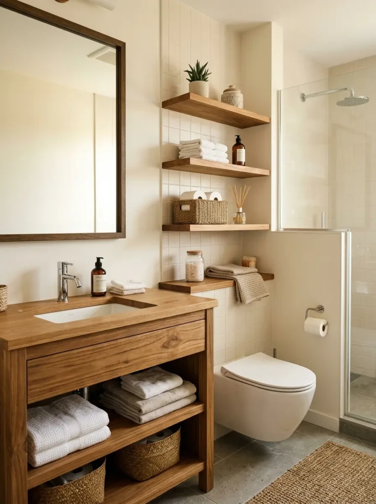 Moisture-safe oak shelving and wood vanity styling in a neutral bathroom with elegant practical storage.