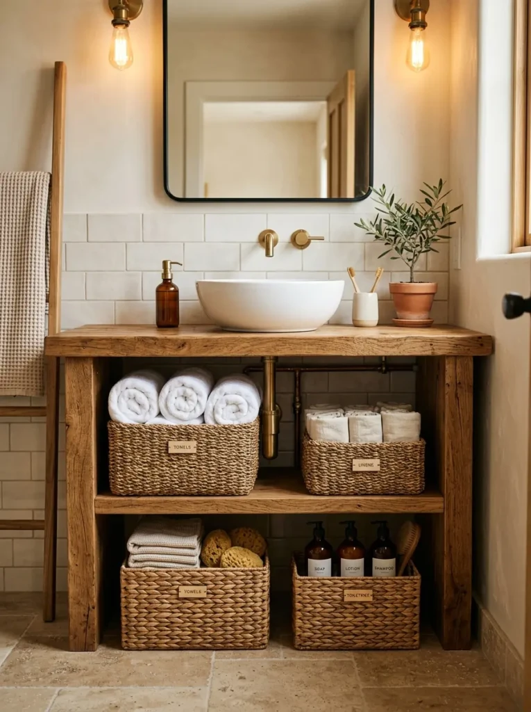 Bathroom with woven baskets used for hidden storage under sink, adding texture and organization