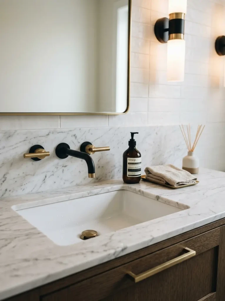 Close-up of bathroom vanity featuring sleek matte black and brass hardware for a modern elegant look