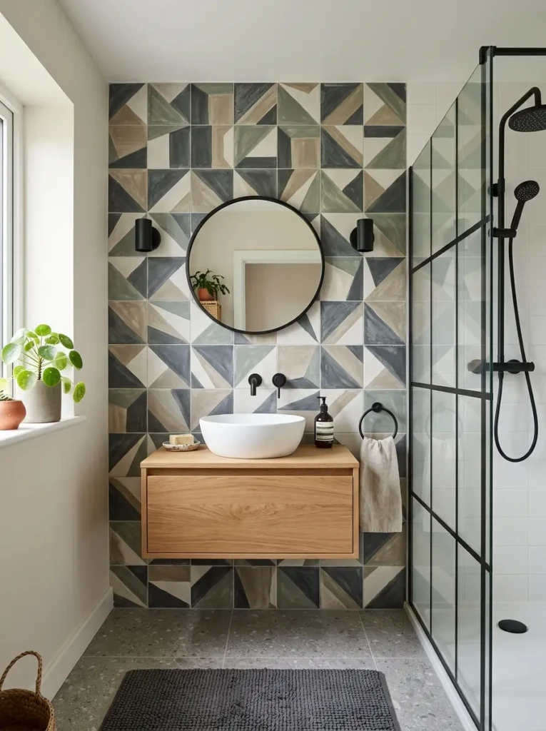 Modern small bathroom with decorative patterned tiles on one wall creating a bold yet balanced focal point