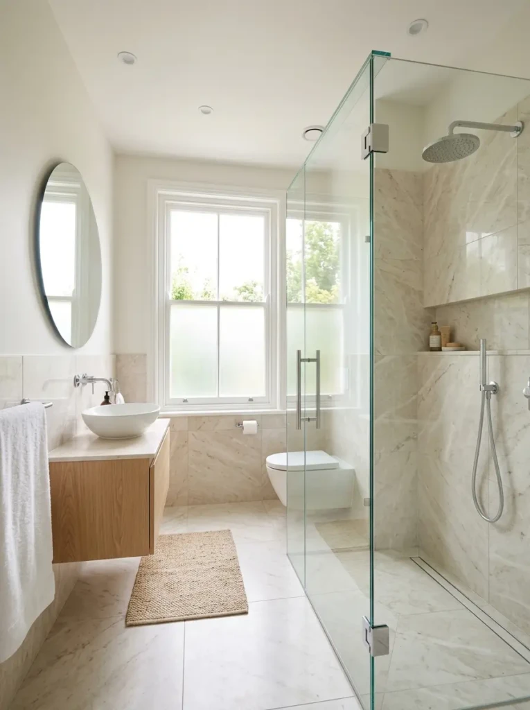 Compact bathroom with clear glass shower enclosure that keeps the space open and visually uncluttered