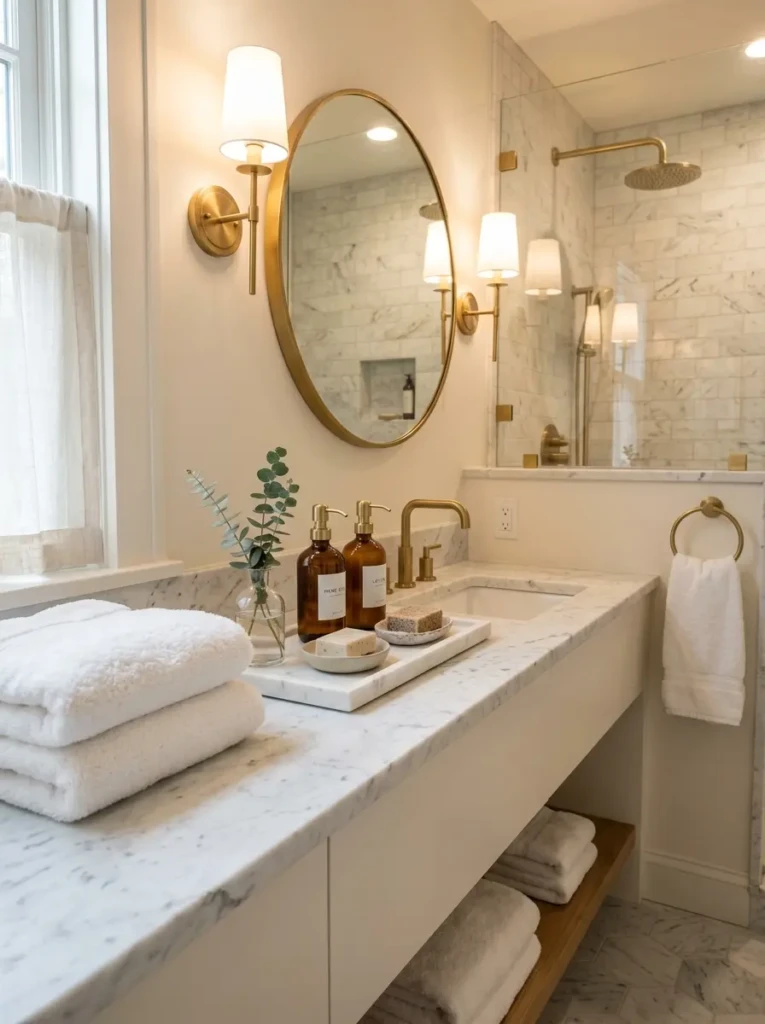 Small bathroom styled with glass dispensers, marble tray, and plush towels creating a refined and cozy feel