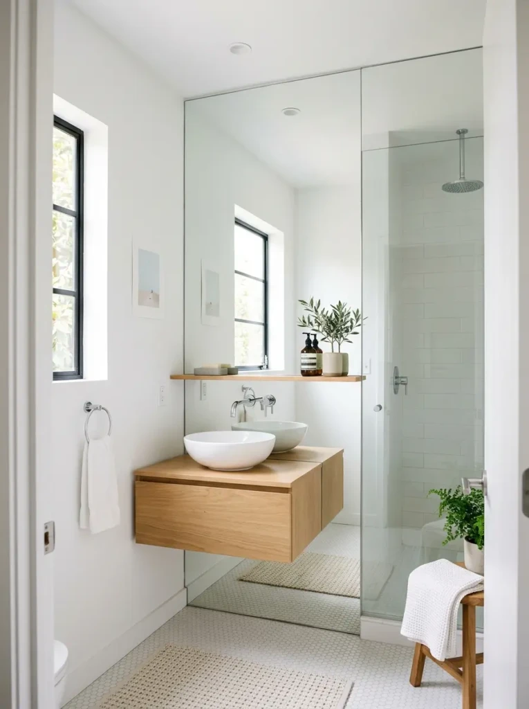 Tiny bathroom with large frameless mirror reflecting natural light to create an airy and spacious feel