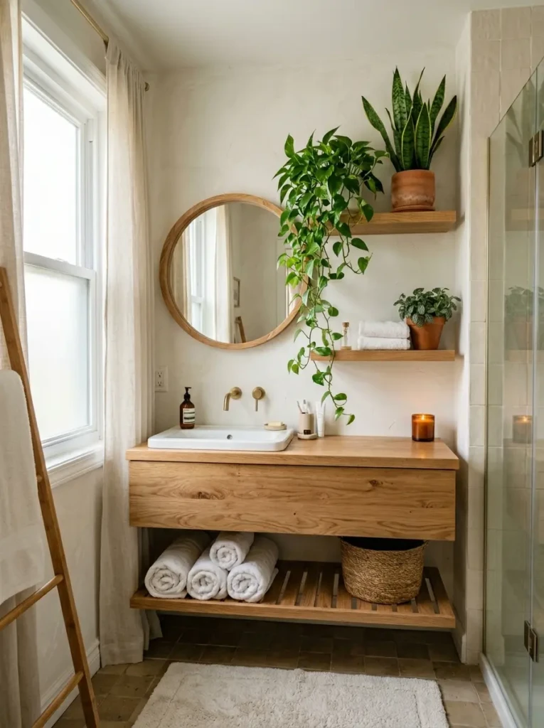 Compact bathroom decorated with indoor plants like snake plant and pothos adding a fresh and relaxing feel