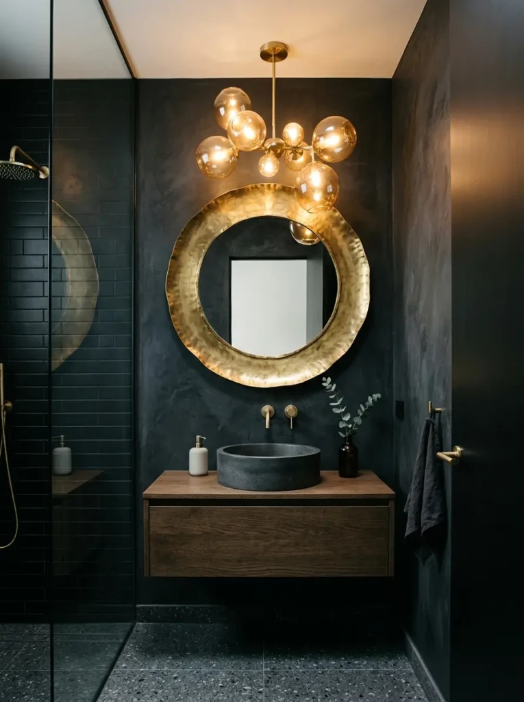 Small bathroom featuring a bold mirror or unique light fixture as a stylish focal point in a minimal space