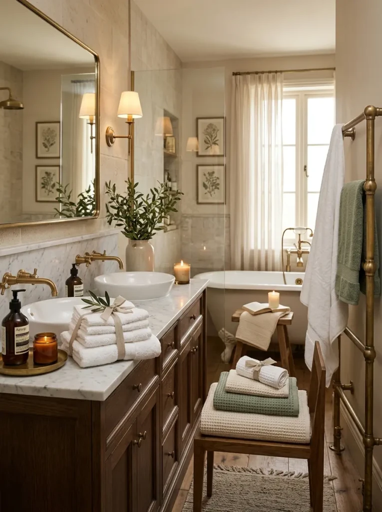 A cohesive bathroom space featuring multiple towel styling techniques in a warm setting.