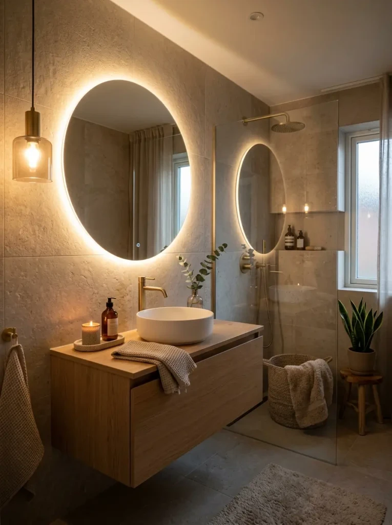 Small bathroom with warm ambient lighting, backlit mirror, and soft golden glow creating a cozy spa-like atmosphere