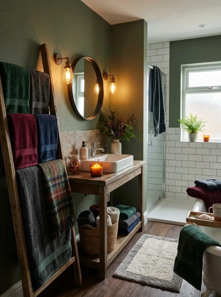 Warm bathroom featuring deep-colored towels and soft lighting for a winter feel.