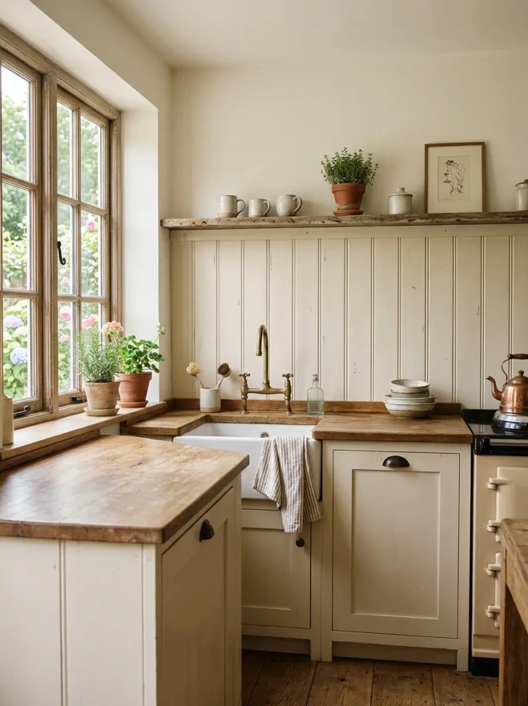 Rustic beadboard backsplash adds cottage texture to a tiny cream farmhouse kitchen.