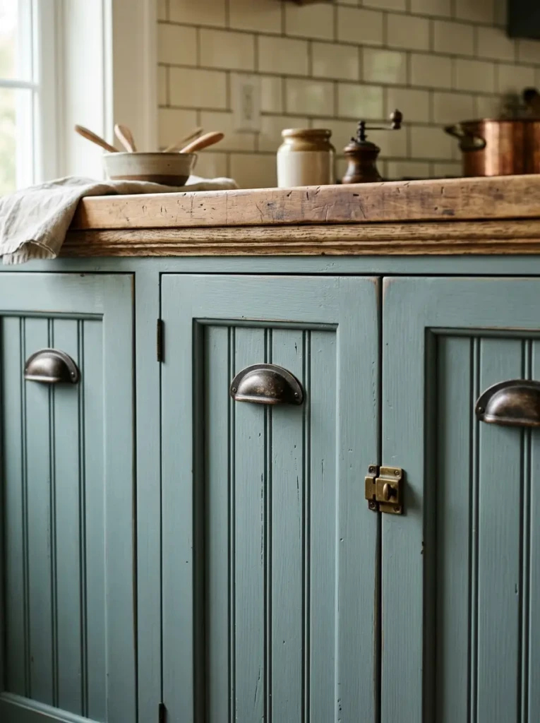 Close-up of dusty sage beadboard cabinet fronts with cup pulls and antique farmhouse hardware.